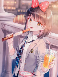 1girl absurdres ashita_hadashi_de_koi black_hair blazer blurry blurry_background bob_cut brown_eyes building dress_shirt drink food handrail highres hiten_(hitenkei) holding holding_drink holding_food jacket juice multicolored_hair necktie nito_chika novel_illustration official_art open_clothes open_jacket open_mouth orange_juice pink_hair reflection reflective_water school_uniform second-party_source shirt streaked_hair upper_body