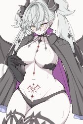 1girl absurdres azuki_(ne_4zk) black_cloak black_hands black_panties black_thighhighs blush body_markings breasts choker cleavage cloak colored_extremities crossed_bangs demon_girl demon_horns demon_wings ear_piercing fate/grand_order fate_(series) green_eyes grey_hair hair_between_eyes highres horns large_breasts lilith_(fate) lilith_(second_ascension)_(fate) long_hair looking_down navel panties piercing pointy_ears solo stomach_tattoo tattoo thick_thighs thighhighs thighs twintails underwear very_long_hair wide_hips wings