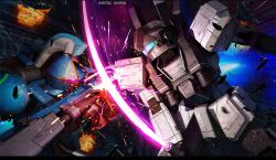 assault_visor battle beam_lance blue_visor company_name copyright_notice crossed_weapons duel earth_federation energy_sword explosion gm_night_seeker gm_night_seeker_space_type gundam gundam_battle_operation_2 gyan holding holding_sword holding_weapon machinery mecha mecha_focus mobile_suit msv-r:_the_return_of_johnny_ridden neo_zeon no_humans one-eyed painting_(medium) purple_eyes radio_antenna realistic robot scan science_fiction space sparks sunrise_(company) sword tenjin_hidetaka thrusters traditional_media vernier_thrusters weapon