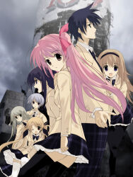 1boy 6+girls :o antenna_hair aoi_sena arm_behind_head bad_tag black_bow black_hairband black_pantyhose black_shoes blazer blonde_hair blue_hair bow bowtie brown_jacket building buttons chaos;head cloud cloudy_sky collared_shirt dynamic_pose everyone finger_to_mouth foot_up frilled_skirt frills from_side glasses green_eyes green_hair hair_between_eyes hair_bow hairband highres jacket jaw kishimoto_ayase kusunoki_yua lapels leaning_forward loafers long_hair long_sidelocks long_skirt looking_at_viewer looking_to_the_side looking_up medium_hair miniskirt multiple_girls multiple_hair_bows necktie nishijou_nanami nishijou_takumi nose nostrils notched_lapels official_art open_collar open_mouth orihara_kozue pants pantyhose petticoat pink_eyes pink_hair plaid_bow plaid_bowtie plaid_clothes plaid_necktie plaid_pants plaid_skirt purple_eyes purple_hair red_eyes round_eyewear ruins sakihata_rimi sasaki_mutsumi school_uniform shibuya_(tokyo) shibuya_109 shirt shoes short_hair shouting side_ponytail sidelocks skirt sky suimei_school_uniform teeth thighhighs tokyo_(city) tongue tower twintails upper_teeth_only wavy_hair white_petticoat white_shirt white_thighhighs worried zettai_ryouiki