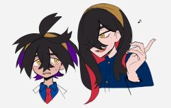 1boy 1girl absurdres black_hair blue_jacket blush brother_and_sister carmine_(pokemon) colored_inner_hair crossed_bangs hair_between_eyes hair_over_one_eye hairband highres jacket kieran_(pokemon) long_hair looking_at_another mole mole_under_eye multicolored_hair musical_note nam_(namart76) necktie nintendo open_mouth pokemon pokemon_sv purple_hair red_hair red_necktie siblings teeth two-tone_hair upper_body upper_teeth_only white_background yellow_eyes yellow_hairband