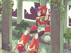 Rule 34 | 1boy, armor, blonde hair, chest jewel, closed eyes, forehead jewel, full body, helmet, long hair, male focus, mega man (series), mega man x (series), pakuta, red armor, red helmet, sitting, sleeping, solo, water, zero (mega man)