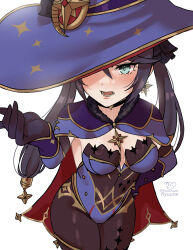 1girl black_choker black_gloves black_hair blue_hat blue_leotard blush bodystocking breasts brooch capelet choker earrings fur-trimmed_capelet fur_collar fur_trim genshin_impact gloves gold_thighlet gold_trim green_eyes hand_on_own_hip hand_up hat highres jewelry leotard medium_breasts mona_(genshin_impact) open_mouth revision ryuuneart simple_background single_earring solo twintails white_background witch_hat