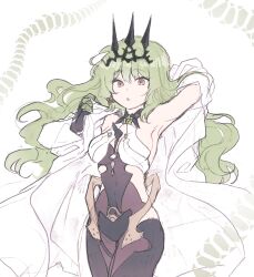 1girl 5rwpvc :o armpits black_dress black_tiara breasts cleavage_cutout clothing_cutout coat dress earrings green_hair highres honkai_(series) honkai_impact_3rd jewelry lab_coat large_breasts long_hair mobius_(honkai_impact) ouroboros sideboob simple_background solo spikes tiara white_background white_coat