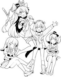 Rule 34 | 4girls, amatsukaze (kancolle), amatsukaze kai ni (kancolle), animal, animal on head, cat, cat on head, dress, fried egg, garter straps, gloves, hair tubes, hatsukaze (kancolle), headgear, kantai collection, lineart, monaka ooji, multiple girls, neckerchief, on head, open mouth, pleated skirt, round teeth, sailor dress, school uniform, short dress, short hair, short hair with long locks, sitting, skirt, smile, smokestack hair ornament, standing, teeth, thighhighs, tokitsukaze (kancolle), two side up, upper teeth only, vest, yukikaze (kancolle), yukikaze kai ni (kancolle)