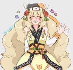 1girl arm_behind_back bare_shoulders blonde_hair celine_(fire_emblem) celine_(ninja)_(fire_emblem) closed_eyes closed_mouth commentary detached_sleeves english_commentary fire_emblem fire_emblem_engage fire_emblem_heroes flower hair_between_eyes hair_flower hair_ornament japanese_clothes lizsbbp long_hair nintendo official_alternate_costume solo twitter_username very_long_hair waving white_background