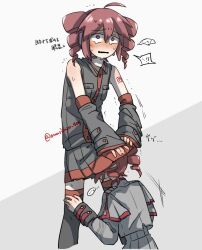 2girls ahoge arm_tattoo black_boots black_shirt blush boots detached_sleeves drill_hair fang full-face_blush grey_jacket grey_skirt hato_no_mune_wo_momitai head_under_skirt jacket kasane_teto kasane_teto_(sv) kasane_teto_(utau) long_sleeves looking_at_viewer multiple_girls multiple_persona open_mouth red_eyes red_hair shirt short_hair skirt sleeveless sleeveless_shirt sweatdrop synthesizer_v tattoo tearing_up translation_request twin_drills twitter_username utau yuri