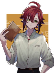 Rule 34 | 1boy, ahoge, alternate costume, black pants, book, border, collared shirt, commentary request, corn kuten, genshin impact, green eyes, hand on own hip, holding, holding book, looking at viewer, male focus, medium hair, mole, mole under each eye, mole under eye, multiple moles, orange background, pants, ponytail, red hair, red shirt, shikanoin heizou, shirt, simple background, sleeves rolled up, smile, solo, undershirt, upper body, white shirt