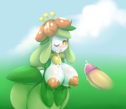 1girl blue_background blue_sky blush breasts cloud colored_sclera crown cum cum_on_body cum_on_breasts cum_on_upper_body cumdrip day disembodied_penis erection facial flower gen_5_pokemon gradient_background green_background green_hair hair_flower hair_ornament highres huge_breasts large_areolae leaning_forward lilligant long_hair looking_down metachoke mini_crown nintendo nipples no_humans one_eye_closed orange_sclera outdoors own_hands_together penis pokemon pokemon_(creature) pokemon_bw red_flower simple_background sky smile solo standing v_arms yellow_eyes