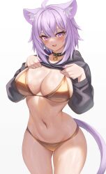 Rule 34 | 1girl, absurdres, ahoge, animal ear fluff, animal ears, aoi zerii, bikini, black choker, breasts, cat ears, cat girl, cat tail, choker, fingernails, gold bikini, gradient background, grey background, highres, hololive, large breasts, lifting own clothes, looking at viewer, nail polish, navel, nekomata okayu, nekomata okayu (1st costume), open mouth, purple eyes, purple hair, purple nails, short hair, smile, solo, sweat, swimsuit, tail, thighs, virtual youtuber