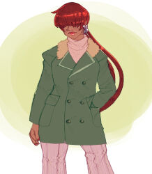 1girl 1shermieaday coat dark-skinned_female dark_skin earrings female_focus heart jewelry long_hair long_sleeves pants pocket ponytail red_hair shermie_(kof) standing tan the_king_of_fighters thick_lips turtleneck twintails