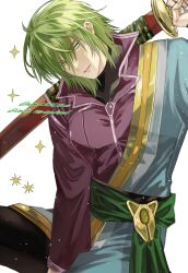 Rule 34 | 1boy, absurdres, arm out of sleeve, colored skin, fire emblem, fire emblem: radiant dawn, green eyes, green hair, green sash, highres, holding, holding sheath, jacket, male focus, nintendo, omlililimo, orange skin, purple jacket, sash, sheath, solo, stefan (fire emblem), swordman, waist sash