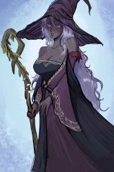 1girl bare_shoulders black_hat black_skin blue_eyes breasts cleavage colored_skin dark-skinned_female dark_skin dress elden_ring elden_ring_nightreign hair_between_eyes hat highres holding holding_staff large_breasts large_hat long_hair olivetart recluse_(elden_ring) solo staff standing very_long_hair white_hair wide_sleeves witch_hat