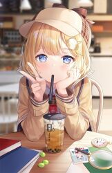 1girl animal_print blonde_hair blue_eyes blurry blurry_background blush bob_cut book breasts brown_capelet brown_hat brown_jacket bubble_tea cameo capelet chair collared_shirt commentary cup day depth_of_field detective disposable_cup drink drinking_straw elbows_on_table english_commentary food fruit gawr_gura gears grapes hair_ornament hairclip hands_up hat head_rest highres hitsukuya hololive hololive_english indoors jacket large_breasts long_sleeves looking_at_viewer magnifying_glass mouth_hold mustache_print necktie on_chair photo_(object) plaid_clothes pocket_watch pov_across_table red_necktie roman_numeral shirt short_necktie sitting solo straight-on table v virtual_youtuber watch watson_amelia watson_amelia_(1st_costume) white_shirt