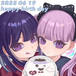 1boy 1girl black_bow black_hairband black_headband bow brother_and_sister closed_mouth dated ear_piercing earrings eyelashes food food_on_face hair_bow hairband happy_birthday headband jewelry long_hair looking_at_viewer piercing pink_hair purple_eyes purple_hair red_shirt shirt siblings simple_background sirei_(hundred_line) smile the_hundred_line_-last_defense_academy- tongue tongue_out tsukumo_ima tsukumo_kako twins twintails white_background