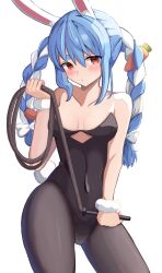 1girl absurdres animal_ears black_leotard black_pantyhose blue_hair blush breasts carrot_hair_ornament closed_mouth food-themed_hair_ornament hair_ornament hashira_14 highres holding holding_whip hololive leotard looking_at_viewer multicolored_hair orange_eyes pantyhose rabbit_ears rabbit_girl rabbit_tail small_breasts strapless strapless_leotard tail two-tone_hair usada_pekora usada_pekora_(1st_costume) virtual_youtuber white_hair