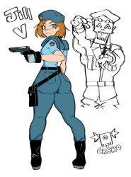 Rule 34 | 1girl, ass, ass focus, beretta 92, black gloves, blue eyes, blue pants, breasts, brown hair, clothes around waist, dream casko, gloves, gun, handgun, hat, highres, holding, holding gun, holding weapon, holster, huge ass, jill valentine, looking back, pants, police, police uniform, policewoman, resident evil, short hair, shoulder pads, solo, thigh holster, weapon, zombie