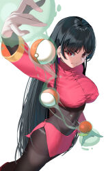 Rule 34 | 1girl, absurdres, blue hair, blunt bangs, bodystocking, bodysuit, bodysuit under clothes, breasts, cropped jacket, floating, floating object, gloves, highres, jacket, large breasts, long hair, long sleeves, medium breasts, miniskirt, momdy (talesshinja), nintendo, pencil skirt, poke ball, poke ball (basic), pokemon, pokemon frlg, red eyes, red jacket, red skirt, revision, sabrina (pokemon), side slit, skirt, solo, straight hair, telekinesis, turtleneck, turtleneck jacket, v-shaped eyebrows, white gloves