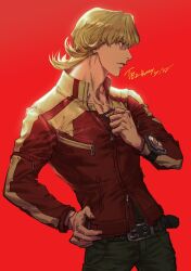 1boy adam&#039;s_apple barnaby_brooks_jr. blonde_hair clenched_hand closed_mouth collarbone copyright_name cowboy_shot glasses hand_on_own_hip highres jacket looking_to_the_side male_focus plytometo red_background red_jacket short_hair simple_background solo tiger_&amp;_bunny