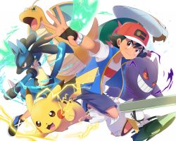 1boy againne ash_ketchum black_eyes black_hair blue_jacket blue_shorts bright_pupils brown_eyes collarbone colored_sclera dracovish dragonite electricity fingerless_gloves furry gen_1_pokemon gen_4_pokemon gen_8_pokemon gengar gloves highres holding holding_poke_ball jacket lucario male_focus nintendo open_mouth pikachu poke_ball pokemon pokemon_(anime) pokemon_(creature) pokemon_journeys red_eyes red_sclera red_shirt shield shirt short_sleeves shorts sirfetch&#039;d smile sword tail two-tone_shirt weapon white_pupils white_shirt wings
