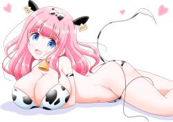 1girl animal_print ass bikini blue_eyes bow breasts butt_crack cleavage cow_print cow_tail fujiwara_chika heart highres imai_kazunari kaguya-sama_wa_kokurasetai_~tensai-tachi_no_renai_zunousen~ large_breasts long_hair looking_at_viewer lying neck_bell on_stomach pink_hair solo swimsuit tail