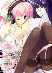 Rule 34 | 1girl, absurdres, aqua eyes, between breasts, between thighs, black pantyhose, blush, bow, bra, breasts, cable, cleavage, crotch seam, female focus, hair bow, headphones, highres, lace, lace-trimmed bra, lace trim, legs, lingerie, long hair, long sleeves, one eye closed, open bra, open clothes, open shirt, panties, panties under pantyhose, pantyhose, pantyshot, pink hair, ponytail, ryouka (suzuya), shirt, sitting, skirt, solo, speaker, thighband pantyhose, thighs, underwear, upskirt, wink, wire