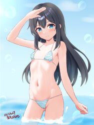 1girl alternate_costume ame-san asashio_(kancolle) bikini black_hair blue_eyes breasts cameltoe day hair_between_eyes highres kantai_collection long_hair looking_at_viewer navel outdoors partially_submerged salute small_breasts smile solo striped_bikini striped_clothes swimsuit very_long_hair wading
