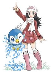 1girl arm_up beanie black_hair boots dawn_(pokemon) eyelashes gen_4_pokemon hat long_hair long_sleeves looking_at_viewer nintendo open_mouth piplup pokemon pokemon_(creature) pokemon_dppt pokemon_platinum scarf tsukikage_oyama white_background white_bag white_hat white_scarf winter_clothes