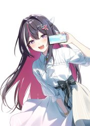 1girl :d absurdres akabino ascot azki_(4th_costume)_(hololive) azki_(hololive) black_hair braid collared_dress colored_inner_hair commentary_request double-parted_bangs dress hair_between_eyes hair_intakes hair_ornament hairclip half_up_half_down_braid highres holding holding_phone hololive long_hair looking_at_viewer mole mole_under_eye multicolored_hair open_mouth phone pink_hair purple_eyes simple_background smile solo streaked_hair three-quarter_sleeves transparent_background very_long_hair virtual_youtuber white_ascot white_dress white_hair