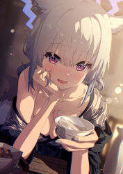 1girl absurdres animal_ears aqua_hair bath_yukata blue_archive blue_halo blurry blurry_background blush bokeh breasts choko_(cup) cleavage commentary_request cup depth_of_field gradient_hair grey_kimono hair_between_eyes halo highres holding holding_cup japanese_clothes kazueru kimono looking_at_viewer lying medium_breasts multicolored_hair nail_polish official_alternate_costume official_alternate_hairstyle on_stomach open_mouth purple_eyes shigure_(blue_archive) shigure_(hot_spring)_(blue_archive) short_hair single_bare_shoulder single_off_shoulder smile solo tail tokkuri weasel_ears weasel_girl weasel_tail yukata