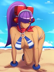1girl absurdres android arm_support artist_name axasempai bandana beach bikini blunt_bangs bracelet breasts clenched_teeth dark-skinned_female dark_skin green_eyes hair_over_eyes headset high_ponytail highres hime_cut jewelry joints large_breasts layer_(mega_man) long_hair looking_at_viewer mega_man_(series) mega_man_x_(series) mega_man_x_dive mole mole_under_eye navel o-ring o-ring_bikini ocean official_alternate_costume ponytail purple_hair red_bandana robot_ears robot_girl robot_joints sky smile solo striped_bikini striped_clothes swimsuit swimsuit_layer_(mega_man) teeth
