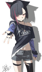 1girl absurdres alternate_costume alternate_hairstyle animal_ears asymmetrical_bangs black_choker black_hair black_shirt black_thighhighs blue_archive blue_shirt blunt_bangs blunt_ends blush cat_ears cat_girl choker colored_inner_animal_ears colored_inner_hair dog_tags ear_piercing fingerless_gloves gloves grey_shorts grin highres jewelry kazusa_(blue_archive) long_sleeves looking_at_viewer multicolored_hair multiple_rings necklace piercing pink_background pink_hair punk qtian ring shirt short_hair short_shorts short_sleeves shorts sidelocks single_bare_shoulder single_off_shoulder single_thighhigh sleeves_past_fingers sleeves_past_wrists smile solo thigh_strap thighhighs torn_clothes torn_thighhighs two-tone_hair w