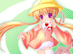 1girl 2000s_(style) bloomers blush brooch brown_hair commentary_request cowboy_shot dress fujisawa_eil green_background hat headset heart heart_brooch jewelry long_hair looking_at_viewer open_mouth pink_dress polka_dot polka_dot_background purple_eyes school_hat smile solo tsukuyomi_ai twintails underwear voiceroid white_bloomers x_mouth