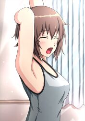 1girl armpits arms_up blush breasts brown_hair closed_eyes girls_und_panzer grey_shirt grey_tank_top highres indoors medium_breasts nishizumi_maho omachi_(slabco) open_mouth shirt short_hair solo stretching tank_top waking_up