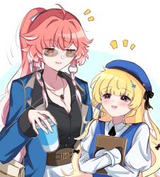 2girls alternate_costume black_gloves black_shirt blonde_hair blue_eyes blue_hat blue_jacket blush book braid breasts bright_pupils changli_(wuthering_waves) cleavage collarbone commentary cup disposable_cup gloves hair_extensions hashtag-only_commentary hat highres holding holding_book holding_cup jacket jewelry large_breasts long_hair long_sleeves looking_at_another multicolored_hair multiple_girls necklace notice_lines phoebe_(wuthering_waves) pink_hair ring_hair_extensions shirt simple_background smile sunglasses twin_braids two-tone_hair white_hair white_pupils wuthering_waves yellow_eyes zevi_(zevi_ii)