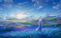 1girl absurdres arm_at_side au_ito backlighting bare_arms blue_flower blue_ribbon blue_sky cloud commentary_request day dress dress_ribbon falling_petals fantasy field floating_clothes floating_hair flower flower_field from_behind highres hill long_hair mountainous_horizon nature orange_flower original petals pink_flower ribbon scenery sky sleeveless sleeveless_dress solo standing straight_hair tree white_dress white_hair wide_shot wind yellow_flower