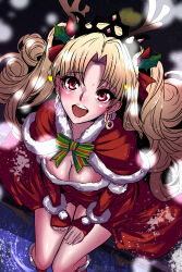 1girl absurdres animal_ears antlers blonde_hair breasts cleavage dress ereshkigal_(fate) fake_animal_ears fake_antlers fate/grand_order fate_(series) fukou highres horns looking_at_viewer looking_up open_mouth red_dress red_eyes reindeer_antlers santa_costume sitting smile solo two_side_up