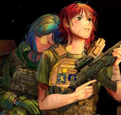 1boy 1girl assault_rifle blue_hair callsign closed_eyes closed_mouth cyrillic gloves green_eyes gun highres holding holding_gun holding_weapon idi_nahui kenneth_del_duca kraken_(japanon) long_hair military military_combat_uniform military_uniform original parted_lips red_hair rifle shirt short_hair short_sleeves sleeping t-shirt tactical_clothes tomboy trigger_discipline upper_body usergore weapon