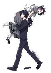 1boy 1girl alternate_costume apron artist_name black_eyes black_hair black_jacket black_pants black_shoes black_suit breasts butterfly_hair_ornament carrying carrying_over_shoulder carrying_person closed_mouth commentary_request dated dress enmaided expressionless flustered formal_clothes from_side full_body grey_dress hair_ornament hand_on_another&#039;s_ass hand_on_another&#039;s_shoulder highres jacket kimetsu_no_yaiba kochou_shinobu long_hair long_sleeves maid medium_breasts miku_namu multicolored_hair no_pupils open_mouth pants profile puffy_short_sleeves puffy_sleeves purple_eyes purple_hair shoe_dangle shoes short_hair short_sleeves simple_background socks streaked_hair suit suit_jacket sweat tomioka_giyuu unworn_shoes walking white_apron white_background white_socks