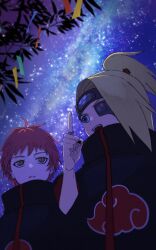 Rule 34 | 2boys, akatsuki uniform, black cloak, black nails, blonde hair, cloak, commentary, deidara (naruto), forehead protector, high ponytail, highres, index finger raised, iwagakure symbol, jewelry, kooda, long hair, male focus, multiple boys, naruto (series), naruto shippuuden, night, night sky, open mouth, ponytail, red eyes, red hair, ring, sasori (naruto), short hair, sky, star (sky), starry sky, symbol-only commentary, tanabata, tanzaku, teeth, upper body, upper teeth only
