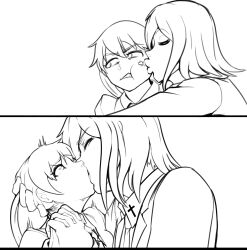 1boy 1girl absurdres angry boxman breasts brown_eyes brown_hair father_and_daughter highres incest kiss kissing_cheek maka_albarn medium_breasts medium_hair monochrome muscular muscular_male red_hair sex soul_eater spirit_albarn surprised twintails x-ray