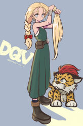 1girl bianca_(dq5) black_socks blonde_hair blue_eyes borongo bow braid bright_pupils brown_footwear bunching_hair copyright_name dragon_quest dragon_quest_v dress earrings green_dress hair_bow highres jewelry blue_background long_hair multicolored_eyes norixio pouch red_bow slime_(dragon_quest) socks solo standing twitter_username white_pupils yellow_eyes