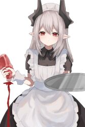 Rule 34 | 1girl, alternate costume, apron, arknights, bottle, closed mouth, collared dress, commentary request, dress, enmaided, frilled apron, frills, grey hair, holding, holding bottle, horns, ketchup, ketchup bottle, looking at viewer, maid, maid apron, maid headdress, mudrock (arknights), nacoty, pointy ears, puffy short sleeves, puffy sleeves, red eyes, short sleeves, simple background, solo, tray, white apron, white background, wrist cuffs