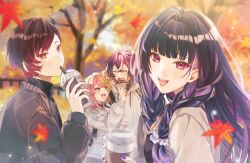 Rule 34 | 2boys, 2girls, :d, ^ ^, ahoge, autumn, autumn leaves, black hair, black jacket, black shirt, blonde hair, blue eyes, blunt bangs, blurry, blurry background, blush, bow, braid, closed eyes, commentary, crossed bangs, cup, day, disposable coffee cup, disposable cup, donut, doppio dropscythe, drawstring, drinking straw, drinking straw in mouth, eyelashes, falling leaves, fang, fence, fingernails, food, gradient hair, grey jacket, hair between eyes, hair bow, hair intakes, hair ornament, hair scrunchie, hairclip, heart, heart hair ornament, highres, holding, holding cup, holding food, hood, hood down, hoodie, jacket, kaburagi (pnoir087), kotoka torahime, leaf, lens flare, lightning bolt, lightning bolt hair ornament, lightning bolt symbol, long hair, long sleeves, looking at another, looking at viewer, looking to the side, maple leaf, meloco kyoran, multicolored hair, multiple boys, multiple girls, nail polish, nijisanji, nijisanji en, open clothes, open jacket, open mouth, outdoors, parted bangs, pink bow, pink hair, puffy long sleeves, puffy sleeves, purple eyes, purple hair, purple nails, purple scrunchie, red eyes, red hair, scrunchie, shirt, short hair, side braids, skin fang, smile, split-color hair, streaked hair, symbol-only commentary, teeth, tree, two-tone hair, upper teeth only, v-shaped eyebrows, ver vermillion, virtual youtuber, white hair, white hoodie, white jacket, x hair ornament, xsoleil