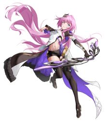 1girl black_boots black_gloves black_shirt blue_eyes boots bow_(weapon) breasts cape chinese_commentary commentary commentary_request corset elbow_gloves elf elysia_(honkai_impact) elysia_(miss_pink_elf)_(honkai_impact) gloves hair_ornament holding holding_bow_(weapon) holding_weapon honkai_(series) honkai_impact_3rd large_breasts medium_breasts navel pink_hair pink_pupils pointy_ears shirt short_shorts shorts shrug_(clothing) simple_background single_glove solo thigh_strap thighs weapon white_background white_corset xingyun_bao_(user_liu4485)