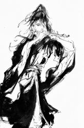 1boy chinese_clothes cowboy_shot dizi floating_hair flute greyscale hands_up hanfu high_ponytail holding holding_flute holding_instrument ink_wash_painting instrument kcllzas163 long_hair long_sleeves looking_at_viewer looking_to_the_side male_focus modao_zushi monochrome music painting_(medium) playing_flute playing_instrument ponytail robe sash simple_background solo standing third-party_source traditional_media transverse_flute wei_wuxian white_background wide_sleeves