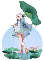 1girl absurdres ai_si_te_yisheng_tui anklet ass barefoot blue_kimono feet flower from_behind hair_bun highres japanese_clothes jewelry kimono leaf_umbrella long_hair original outdoors panties rain short_kimono soles solo thighs underwear walking water white_hair white_panties