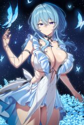 1girl absurdres armlet blue_hair breasts bug butterfly commentary cowboy_shot crossed_bangs dress english_commentary flower hair_between_eyes hand_up highres insect jewelry kook large_breasts long_hair looking_at_viewer panties parted_lips purple_eyes shorekeeper_(wuthering_waves) sideboob solo underwear white_dress white_panties wuthering_waves
