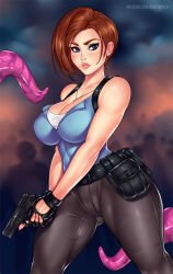 Rule 34 | 1girl, ange1witch, artist name, blue eyes, blue shirt, breasts, brown hair, gun, handgun, holding, holding gun, holding weapon, jewelry, jill valentine, large breasts, looking at viewer, necklace, paid reward available, pants, patreon username, resident evil, resident evil 3: nemesis, resident evil 3 (remake), shirt, short hair, weapon