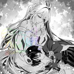 1boy 1girl aged_up ahoge armlet armor bare_shoulders belt blunt_ends bodysuit bow bracelet braid breasts bridal_gauntlets cape caramelo_game cleavage collarbone cosplay crossed_bangs detached_sleeves dress eyelashes facing_down falling_petals feathers gem genshin_impact hair_ornament hakama hakama_shorts half-closed_eyes half_updo hands_on_another&#039;s_head highres japanese_armor japanese_clothes jewelry kimono kote lap_pillow layered_sleeves long_hair looking_down lying middle_ring nahida_(genshin_impact) neck_ribbon on_side parted_lips petals petals_on_ground pom_pom_(clothes) ribbon rope rukkhadevata_(genshin_impact) rukkhadevata_(genshin_impact)_(cosplay) sash scaramouche_(genshin_impact) short_sleeves shorts shoulder_peek side_braid sleeping small_breasts strapless strapless_dress twitter_username very_long_hair wanderer_(genshin_impact) watermark